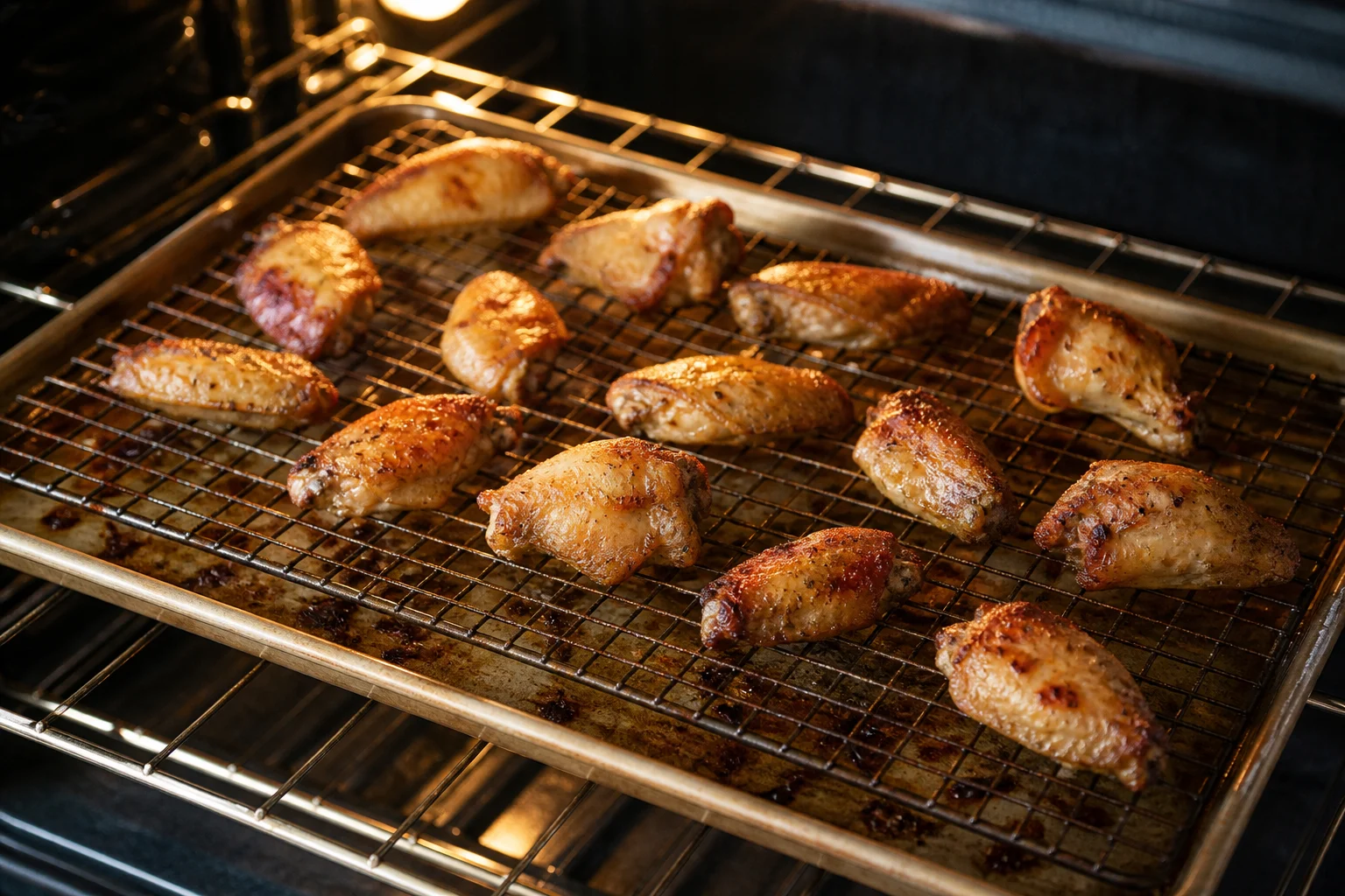 Cooked chicken wings spaced on a wire rack over a rimmed sheet pan in a 375-degree oven setup, several surfaces crisp and lightly sizzling.