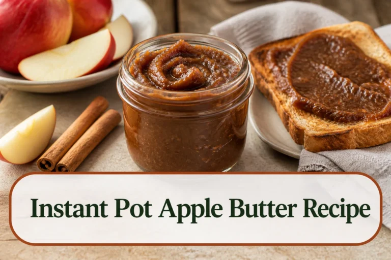 Thick dark amber apple butter in a small open glass jar with a spoon trail, apple wedges, cinnamon sticks and toast on a rustic neutral table, smooth realistic texture. The lower title bubble reads Instant Pot Apple Butter Recipe.
