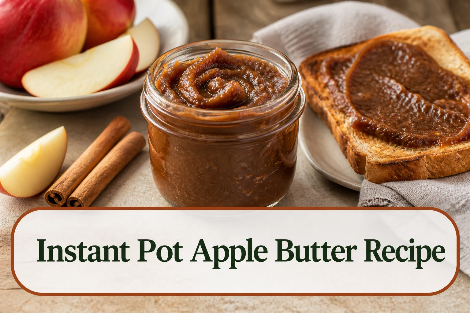 Thick dark amber apple butter in a small open glass jar with a spoon trail, apple wedges, cinnamon sticks and toast on a rustic neutral table, smooth realistic texture. The lower title bubble reads Instant Pot Apple Butter Recipe.