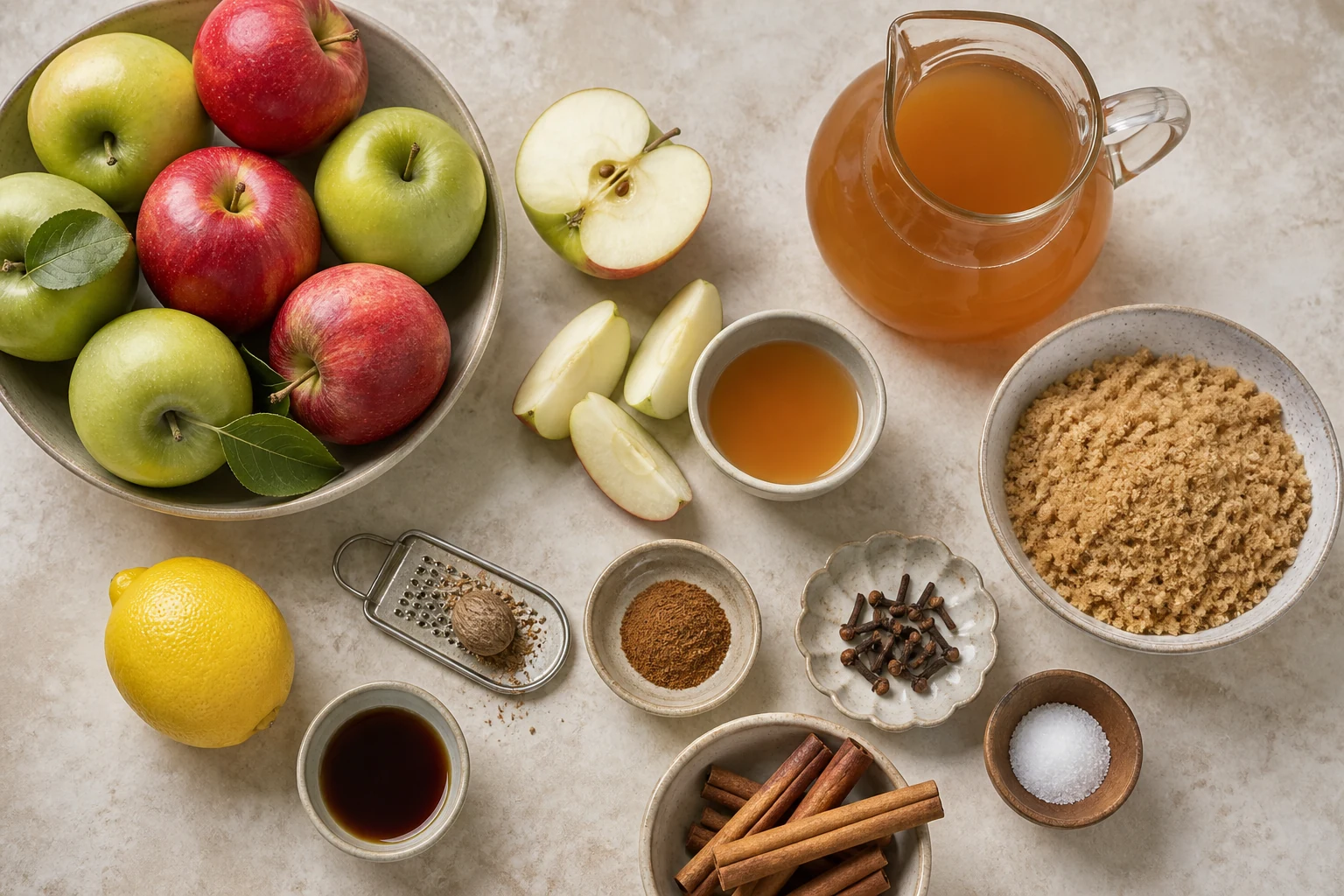 Mixed red and green apples, apple cider, brown sugar, lemon, cinnamon, nutmeg, cloves, salt and vanilla arranged in realistic measured quantities overhead.
