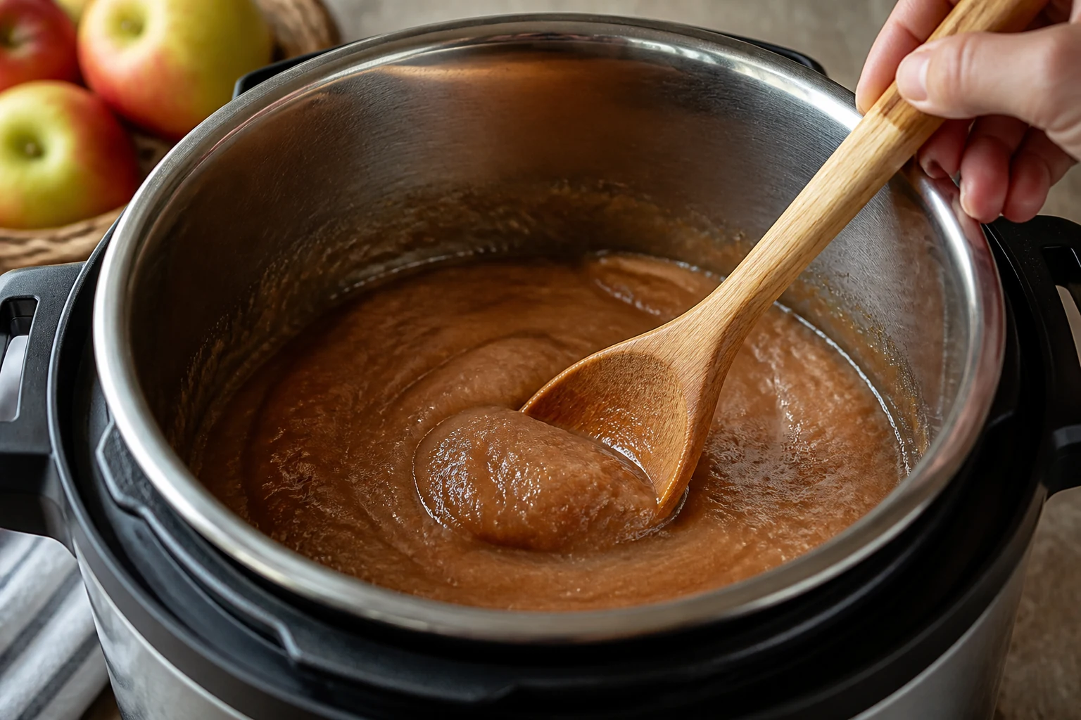 Smooth cinnamon-brown apple purée reducing uncovered in an electric pressure-cooker insert, with a wooden spoon trail briefly holding through the thick mixture.