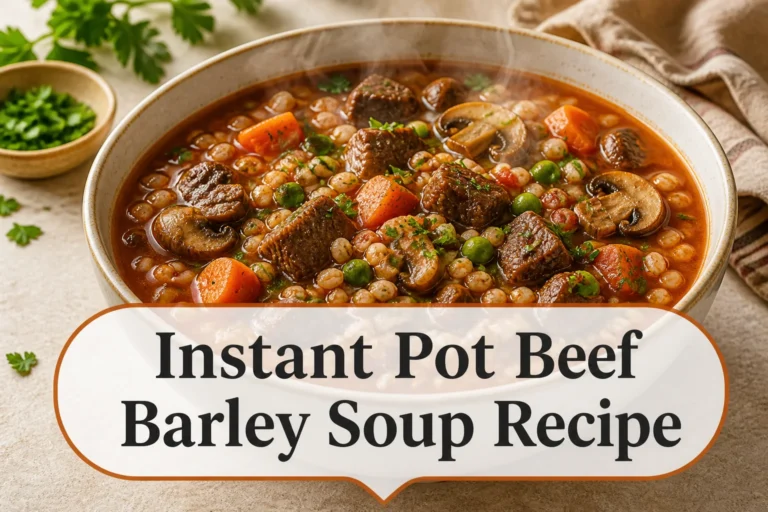 Beef barley soup with title reading Instant Pot Beef Barley Soup Recipe