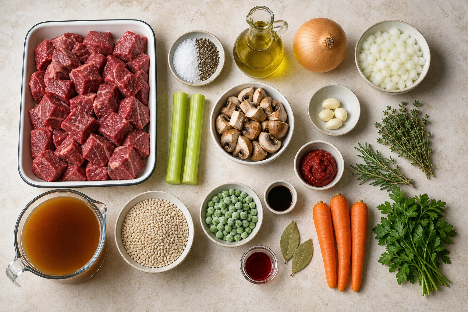 Beef chuck, pearl barley, broth, carrots, mushrooms, onion, celery, peas and herbs