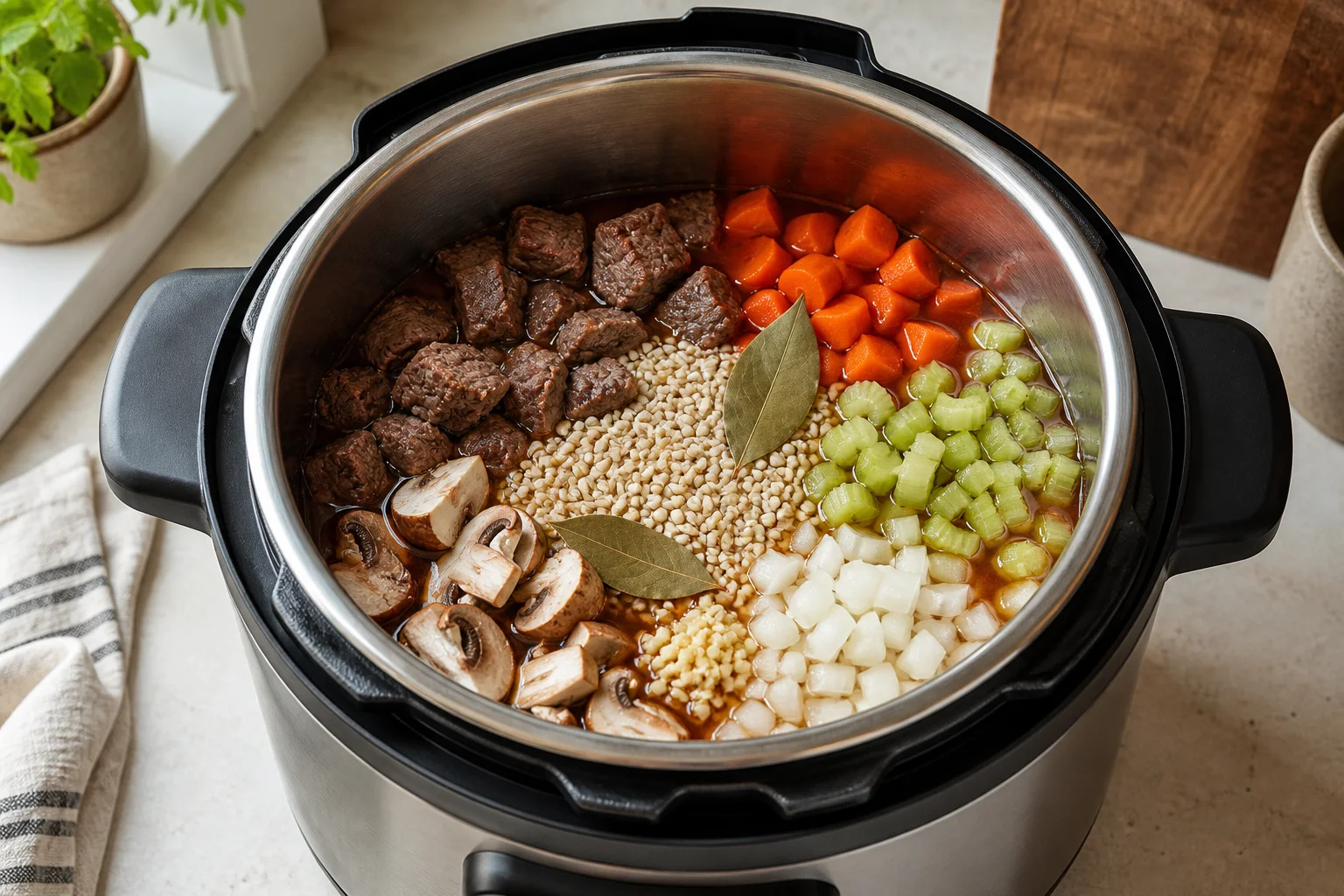 Browned beef, barley, carrots and broth in an electric pressure cooker inner pot