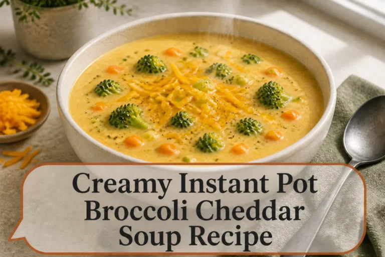 Broccoli cheddar soup with title reading Creamy Instant Pot Broccoli Cheddar Soup Recipe