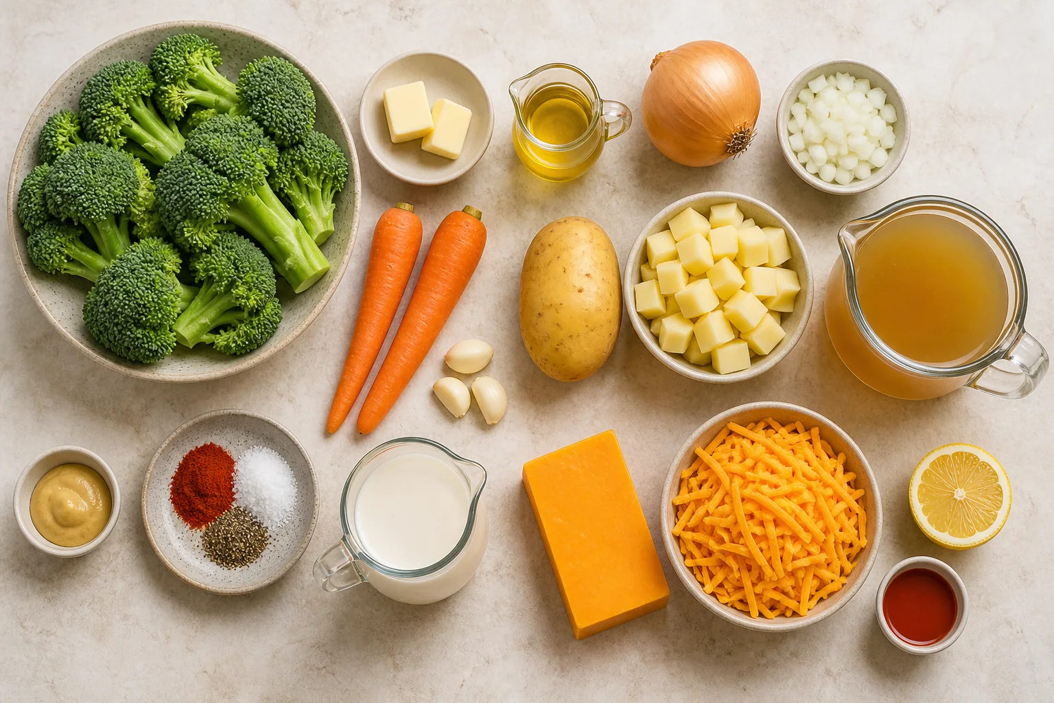 Broccoli, cheddar, evaporated milk, potato, carrots, onion, garlic and broth