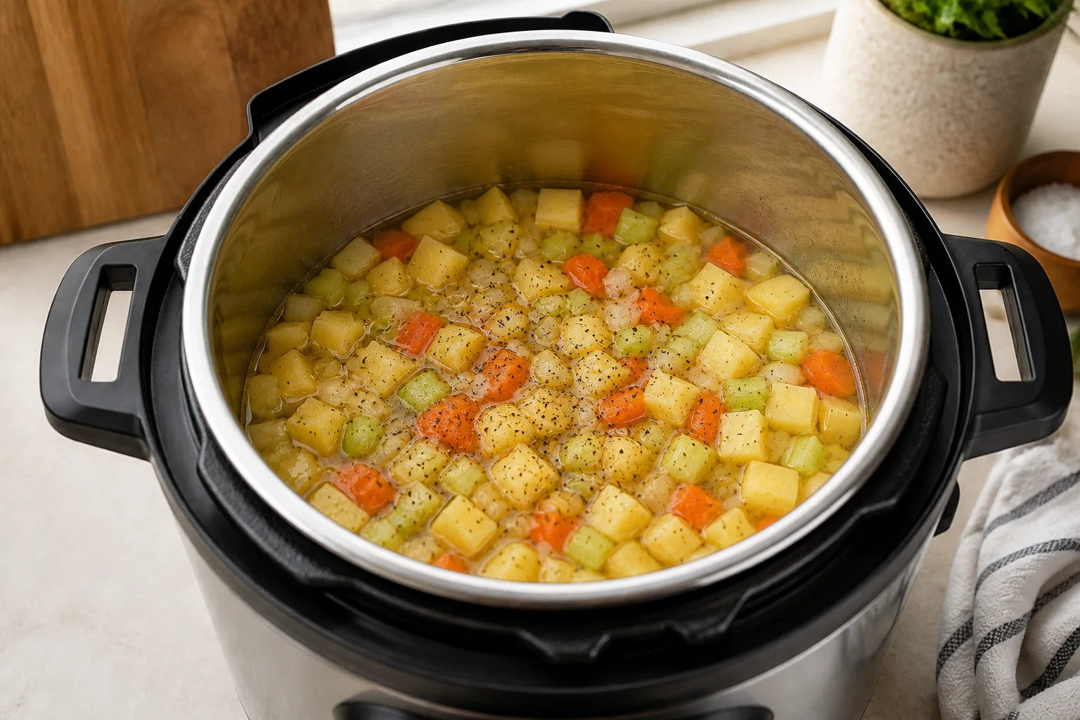 Broccoli stems, potato, carrots and broth in an electric pressure cooker inner pot