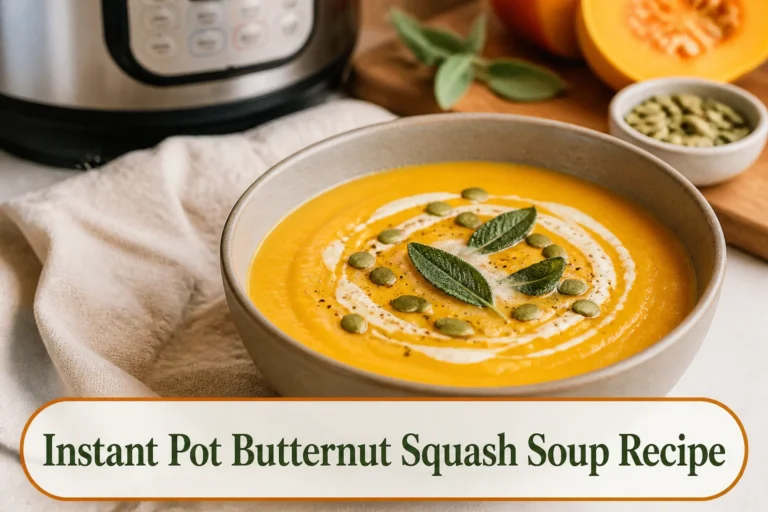 Creamy orange Instant Pot butternut squash soup in a matte bowl with sage, pepitas and a subtle cream swirl, pressure cooker softly out of focus in the background. The lower title bubble reads Instant Pot Butternut Squash Soup Recipe.
