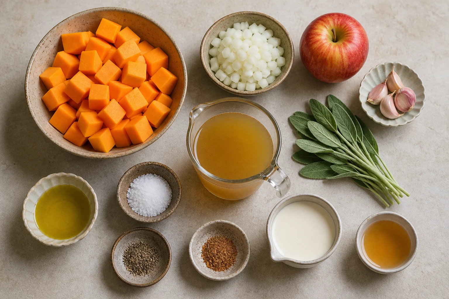 Butternut squash cubes, onion, tart apple, garlic, sage, broth, olive oil, salt, pepper, nutmeg, cream and apple cider vinegar arranged in measured quantities.