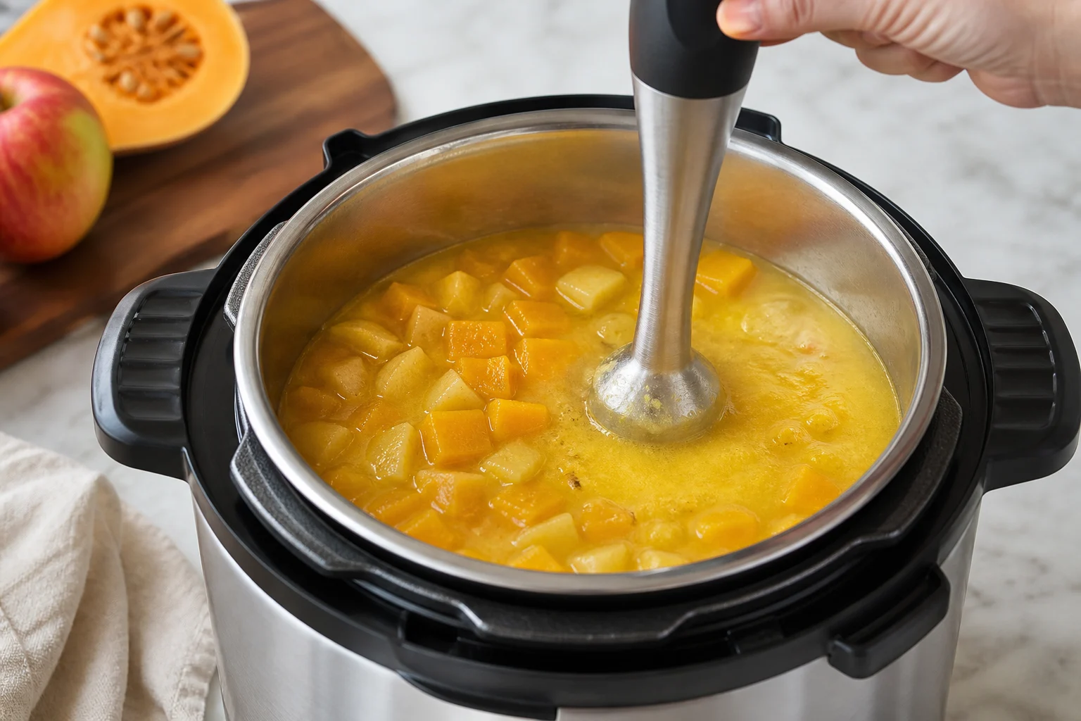 A 6-quart electric pressure cooker open after safe pressure release, tender squash and apple visible in broth as an immersion blender begins to smooth the soup.