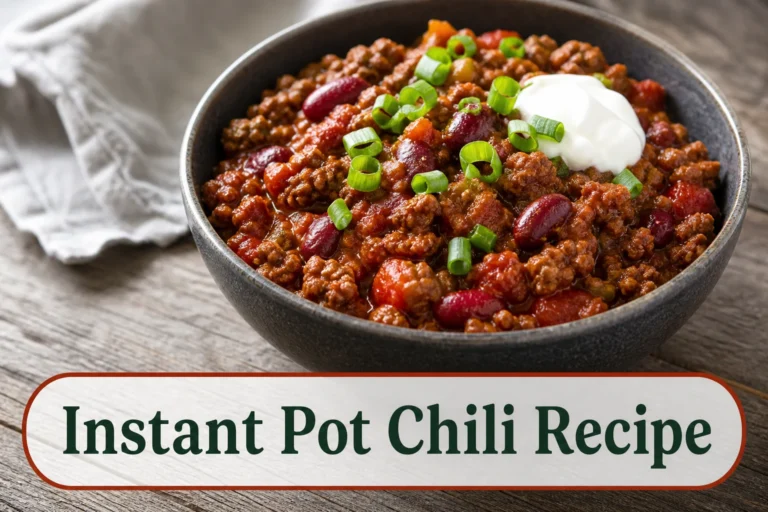 Thick Instant Pot beef and bean chili in a charcoal bowl, visible ground beef, red beans and tomato, topped with scallions and a small yogurt spoon, no watery broth. The lower title bubble reads Instant Pot Chili Recipe.