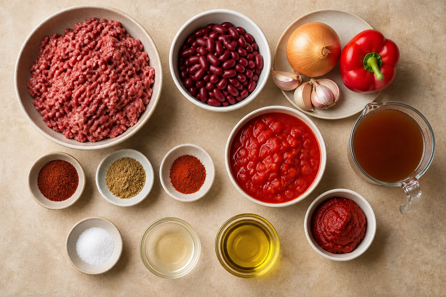 Ground beef, kidney beans, onion, red bell pepper, garlic, chili powder, cumin, paprika, salt, beef broth, crushed tomatoes, tomato paste, vinegar and olive oil overhead.