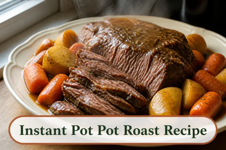 Tender sliced Instant Pot pot roast with large carrots, Yukon Gold potatoes and glossy brown gravy on a deep cream platter, natural beef fibers and steam. The lower title bubble reads Instant Pot Pot Roast Recipe.