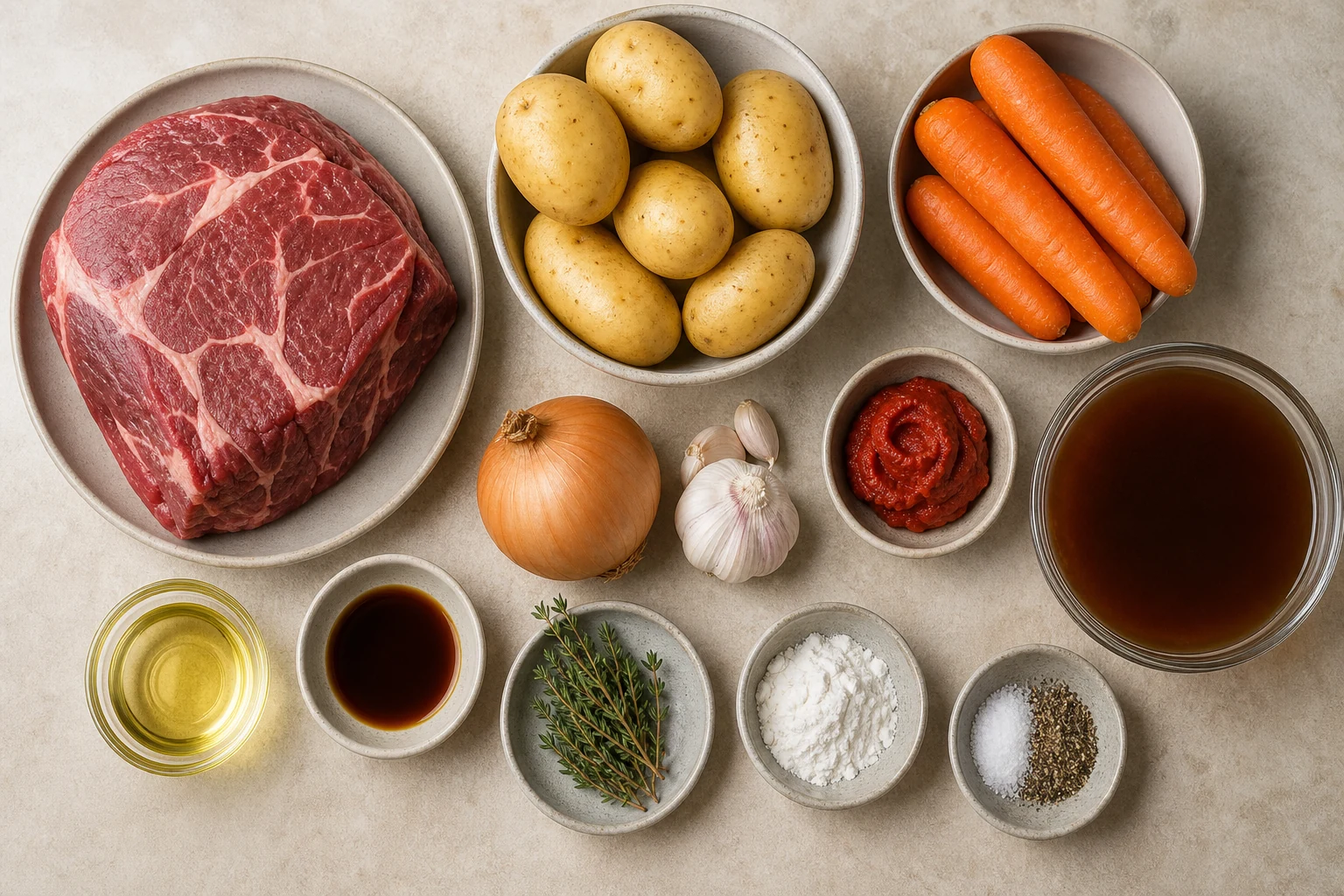 Beef chuck roast, potatoes, carrots, onion, garlic, tomato paste, beef broth, Worcestershire, thyme, cornstarch, oil, salt and pepper overhead.