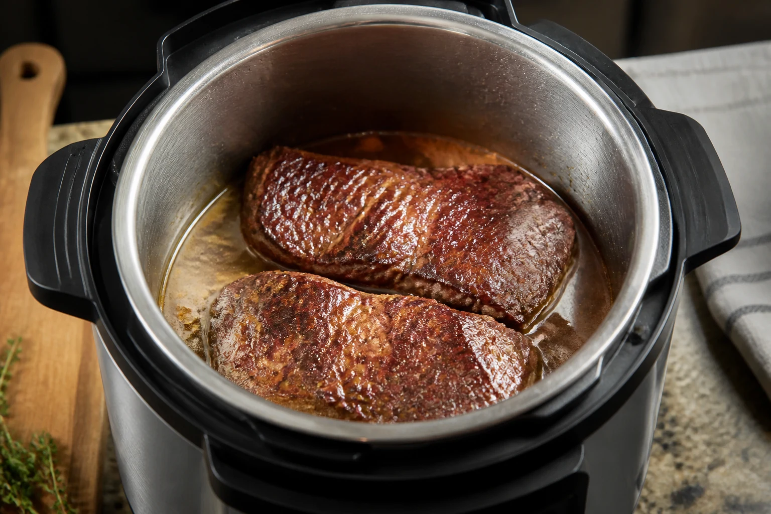 Two deeply seared chuck-roast pieces in a deglazed electric pressure-cooker insert with thin broth below, ready for the long pressure cycle.