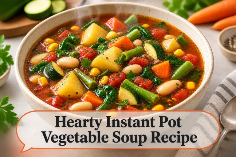 Vegetable soup with title reading Hearty Instant Pot Vegetable Soup Recipe