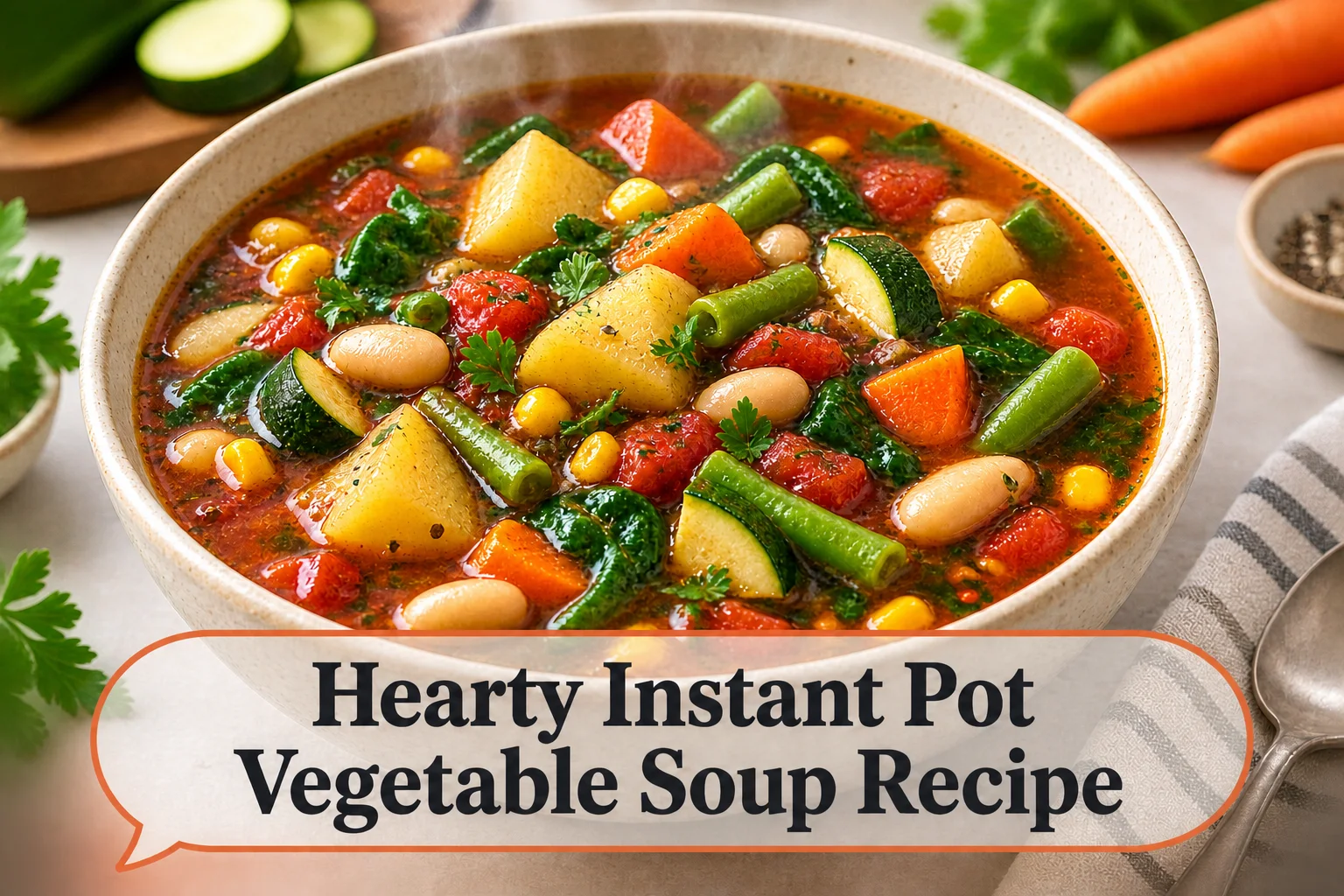 Vegetable soup with title reading Hearty Instant Pot Vegetable Soup Recipe