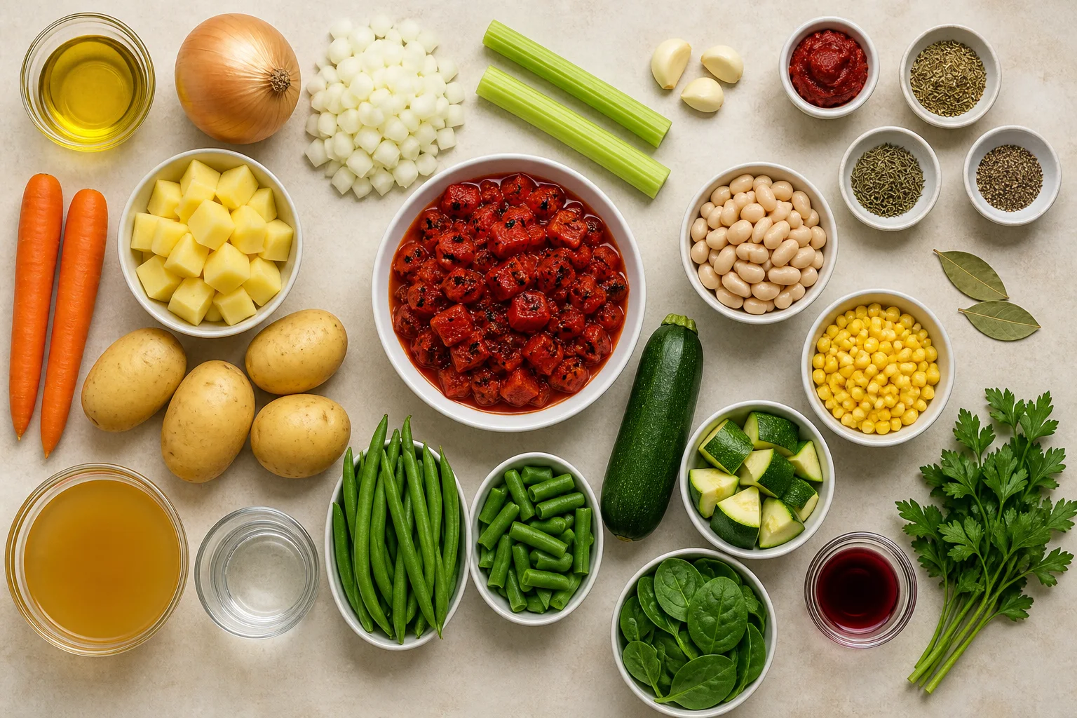 Potatoes, carrots, green beans, zucchini, tomatoes, white beans, corn and spinach