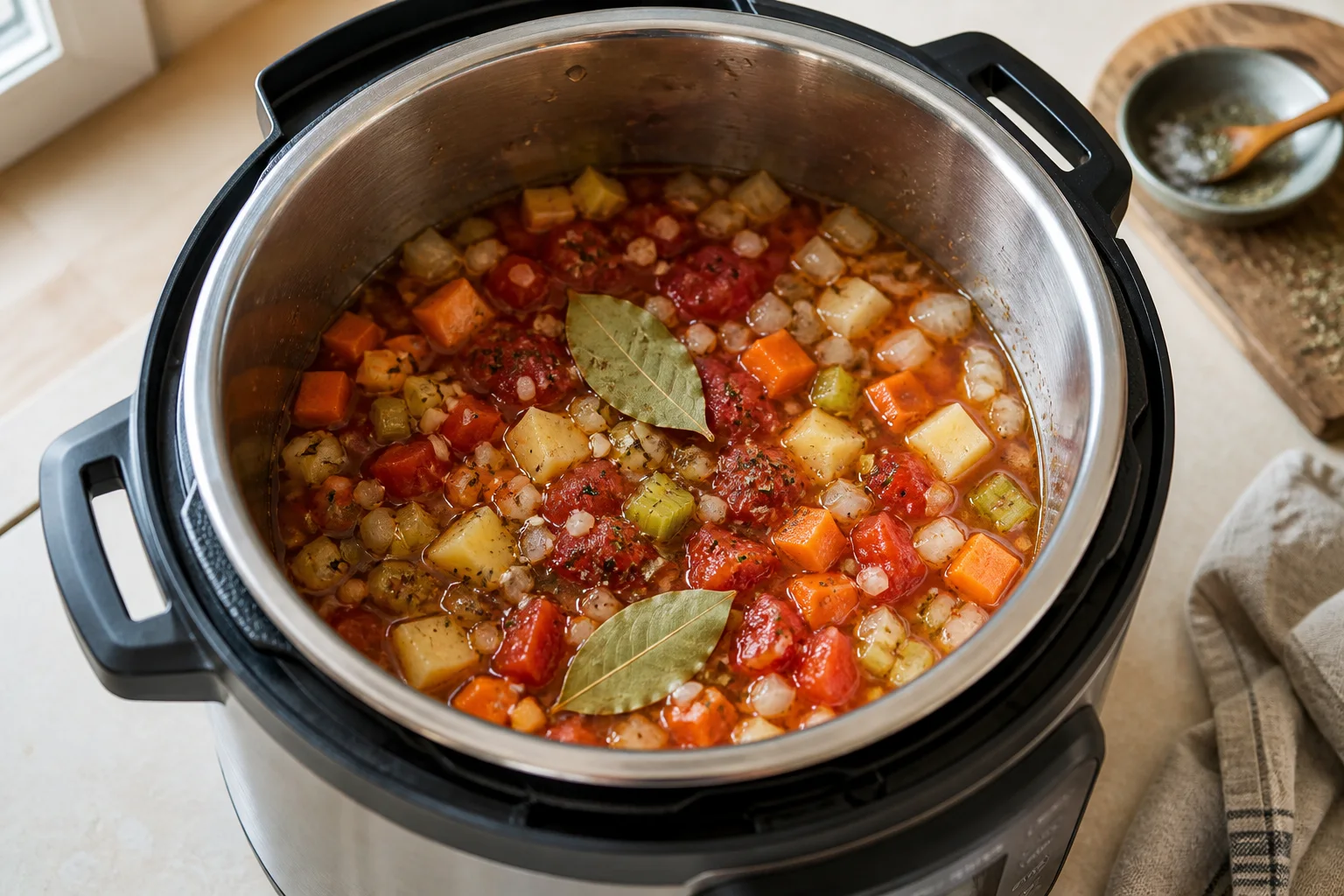Potatoes, carrots, tomatoes and broth in an electric pressure cooker inner pot