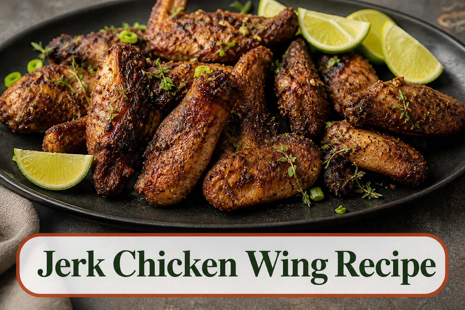 Deeply browned jerk chicken wings on a dark platter with visible thyme and scallion flecks, charred spice edges, lime wedges and a realistic dry-roasted finish. The lower title bubble reads Jerk Chicken Wing Recipe.