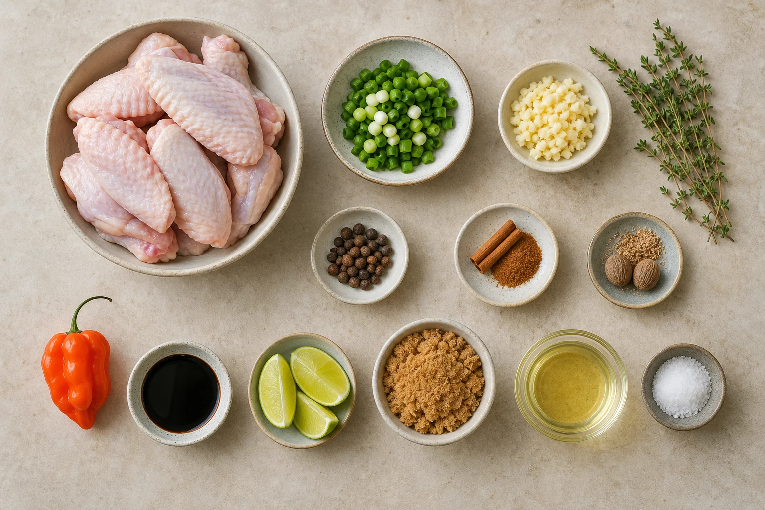Split raw chicken wings, scallions, garlic, thyme, allspice, cinnamon, nutmeg, Scotch bonnet, soy sauce, lime, brown sugar, oil and salt measured neatly.