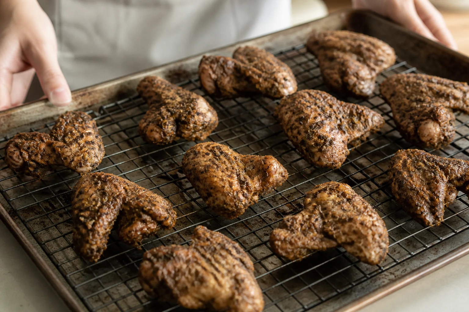 Jerk-marinated chicken wings spaced on a wire rack before roasting, each wing carrying a thin coarse aromatic coating without wet puddles.