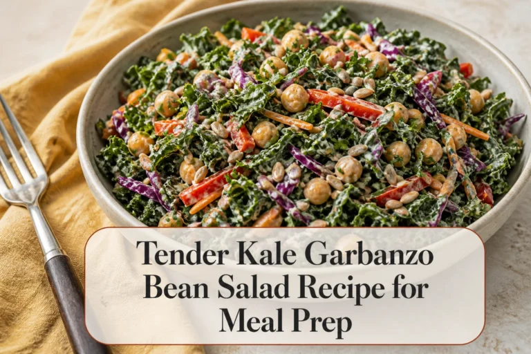 Kale chickpea salad with title reading Tender Kale Garbanzo Bean Salad Recipe for Meal Prep