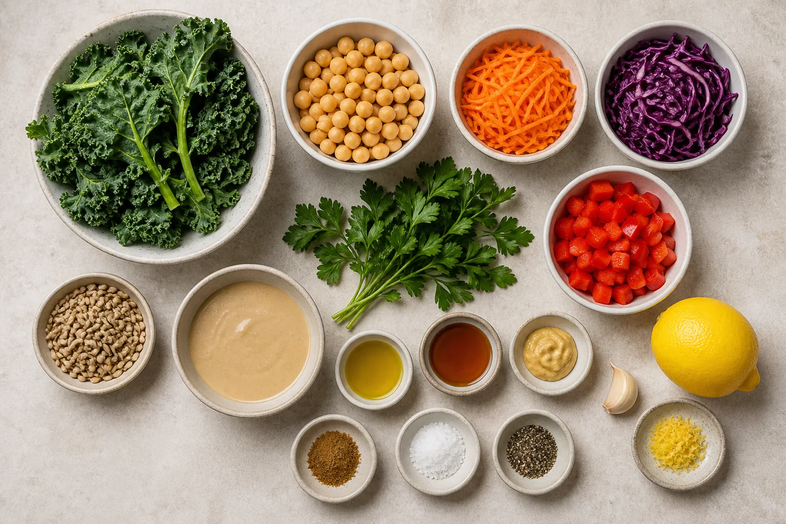 Kale, chickpeas, carrot, red cabbage, red bell pepper, parsley, sunflower seeds, tahini, lemon, olive oil, maple syrup, Dijon, garlic and cumin