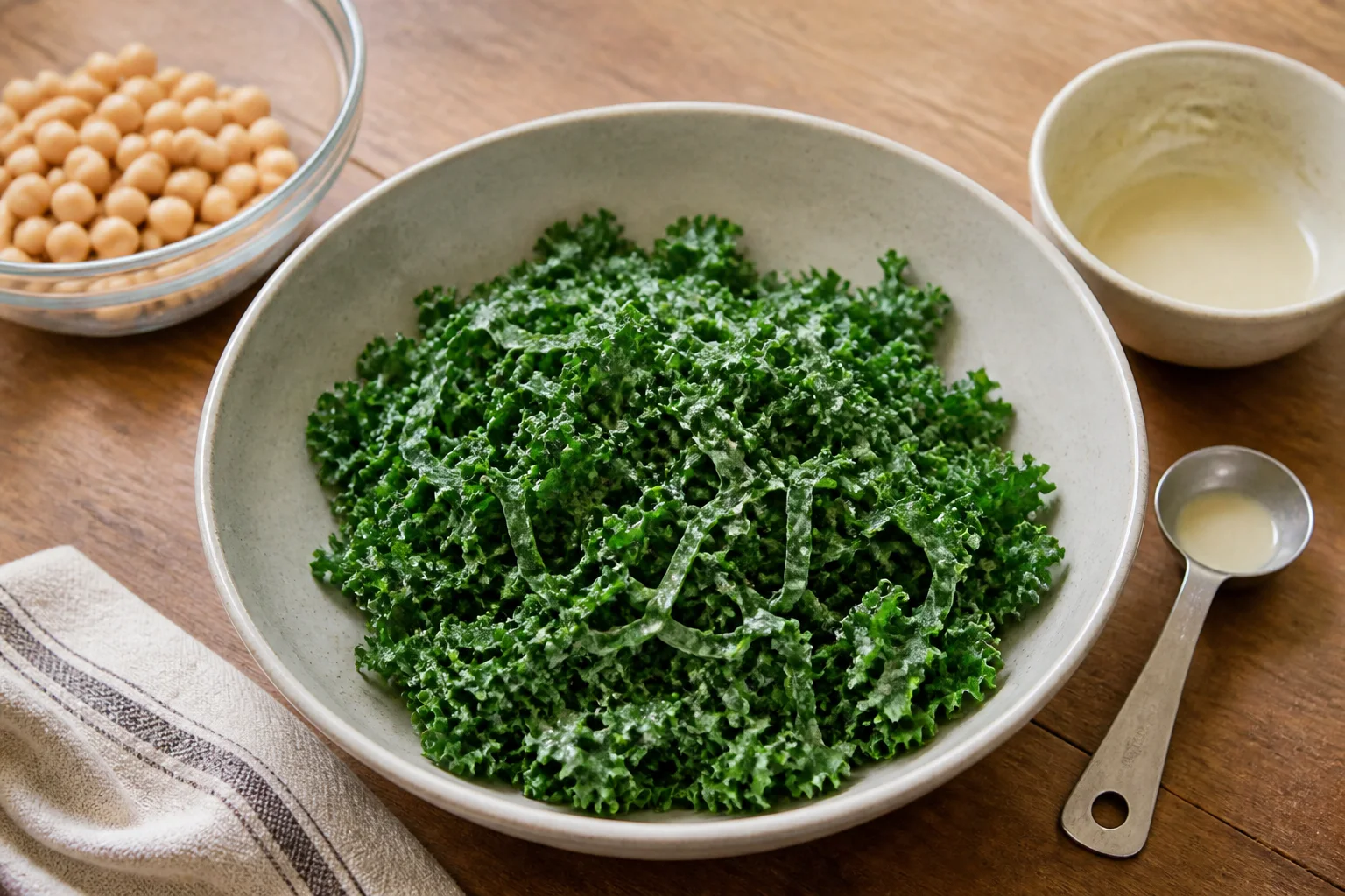 Thin dry kale ribbons being lightly massaged with two tablespoons of tahini dressing before chickpeas are added
