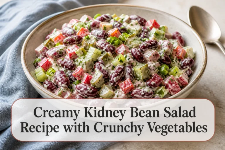 Creamy red kidney bean salad with title reading Creamy Kidney Bean Salad Recipe with Crunchy Vegetables