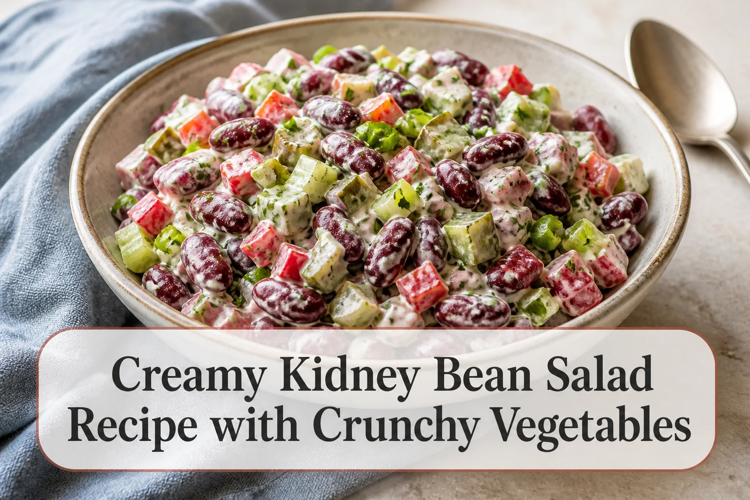 Creamy red kidney bean salad with title reading Creamy Kidney Bean Salad Recipe with Crunchy Vegetables