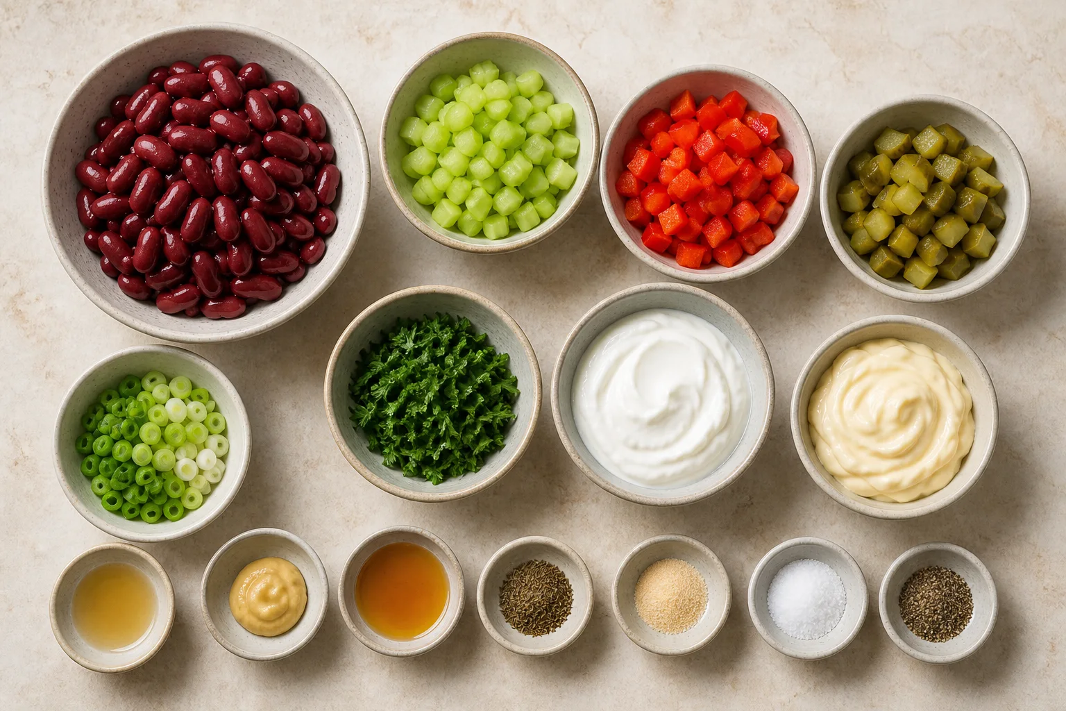 Kidney beans, celery, red bell pepper, dill pickles, scallions, parsley, Greek yogurt, mayonnaise, apple cider vinegar, Dijon, honey, celery seed and garlic powder