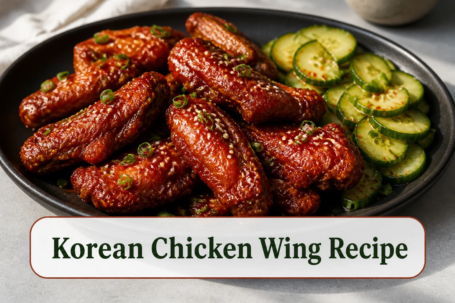 Crispy baked chicken wings coated in a glossy deep-red gochujang glaze, scattered with sesame seeds and scallions on a dark ceramic platter with cucumber salad. The lower title bubble reads Korean Chicken Wing Recipe.