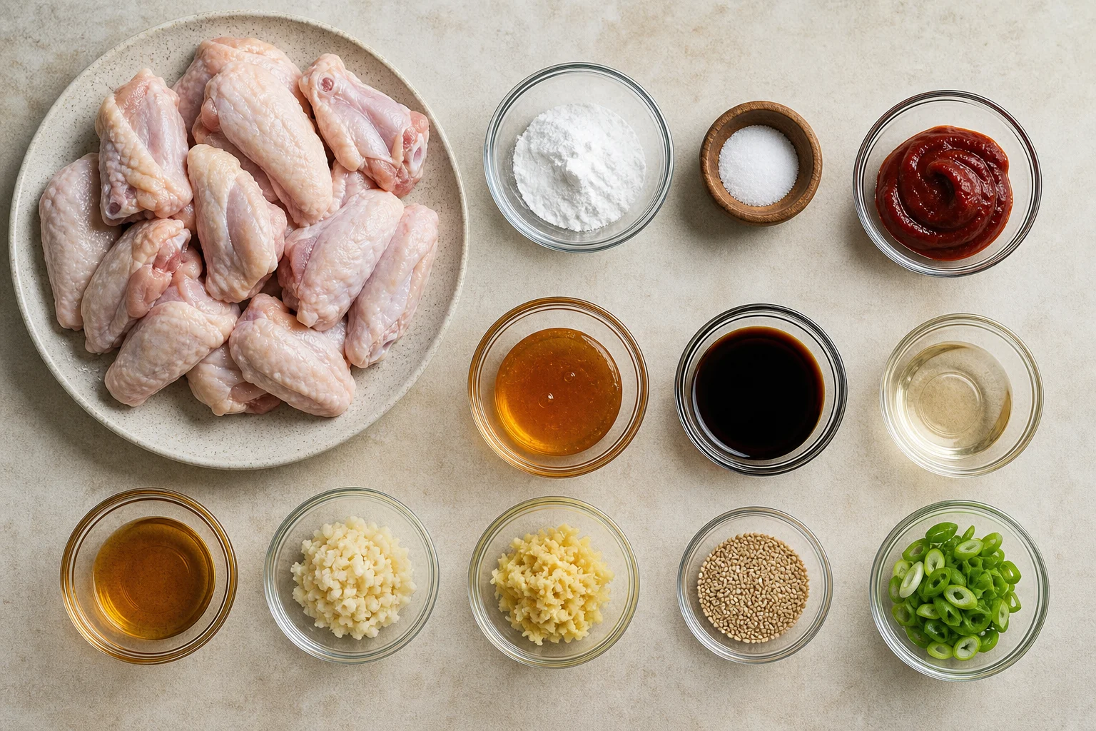 Split chicken wings, baking powder, salt, gochujang, honey, soy sauce, rice vinegar, sesame oil, garlic, ginger, sesame seeds and scallions in measured bowls.