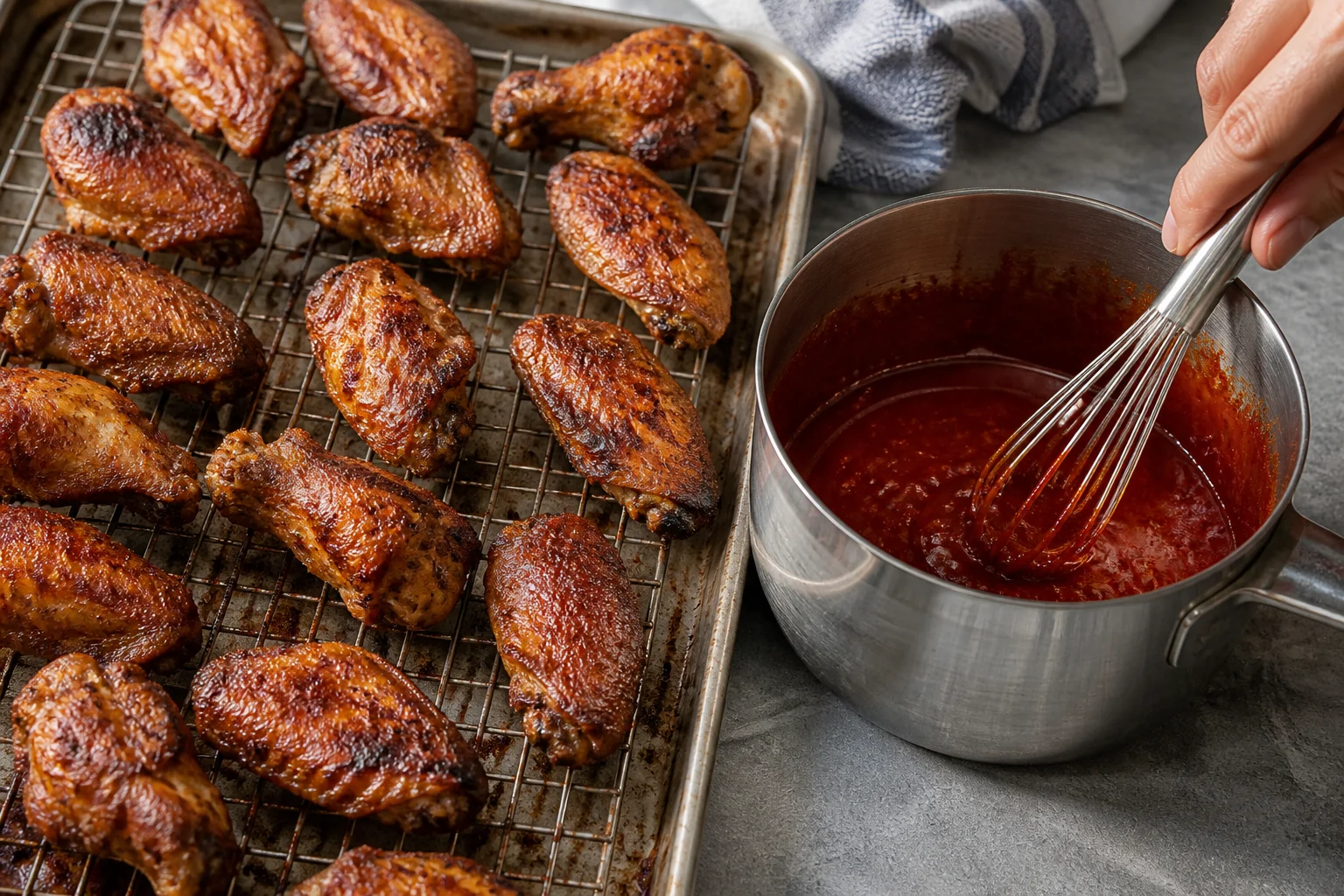 Deeply browned baked wings on a wire rack beside a small saucepan of shiny red gochujang glaze being whisked, clearly showing separate cooking before tossing.