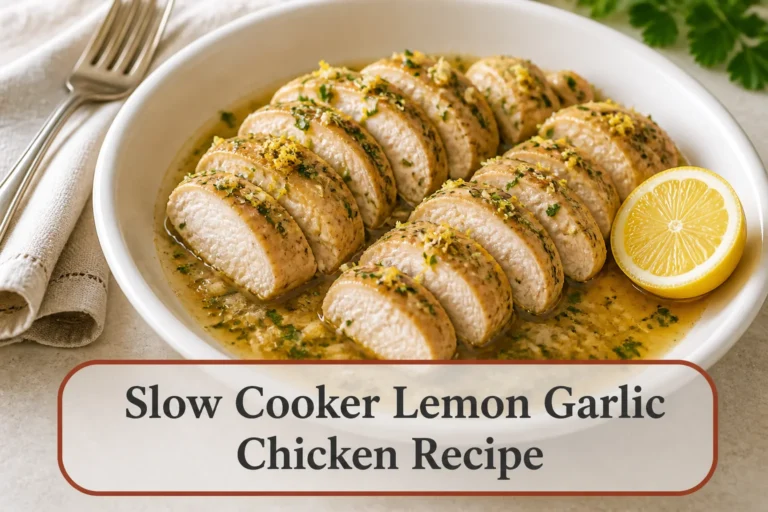 Sliced lemon garlic chicken with title reading Slow Cooker Lemon Garlic Chicken Recipe