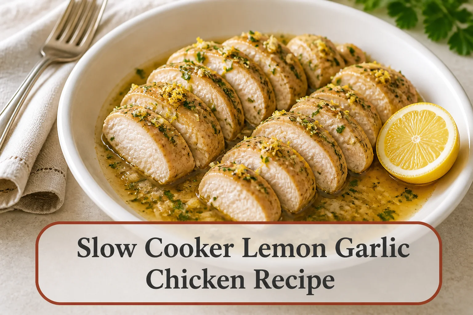 Sliced lemon garlic chicken with title reading Slow Cooker Lemon Garlic Chicken Recipe