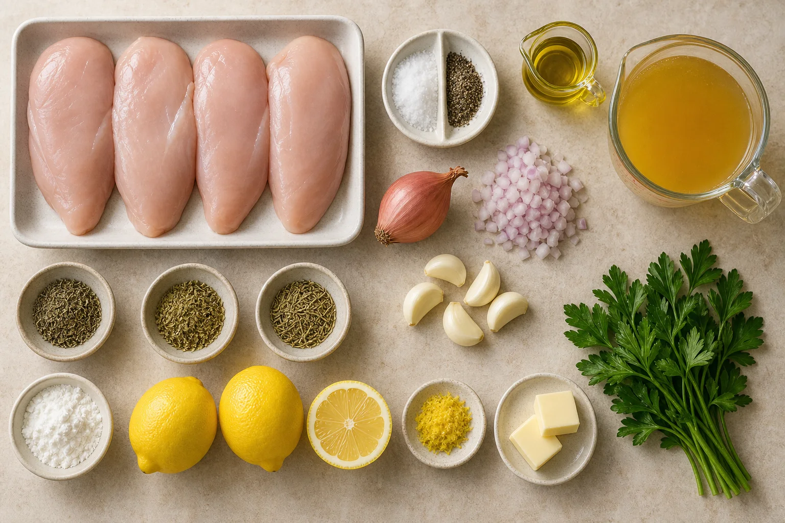 Chicken breasts, lemon, garlic, shallot, broth, herbs, butter and seasonings