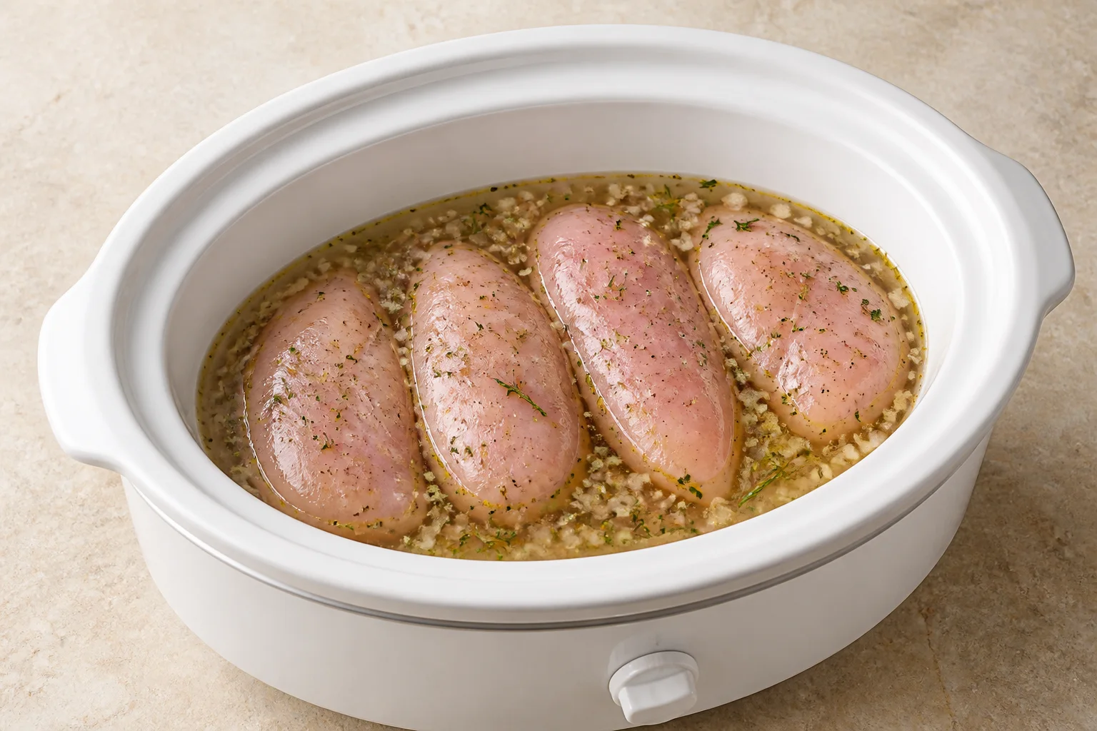 Four raw seasoned chicken breasts in shallot garlic herb broth in a slow cooker
