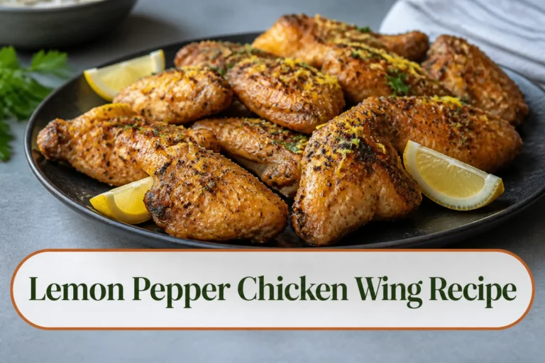 Crisp lemon pepper chicken wings on a charcoal platter, golden skin with coarse black pepper, bright lemon zest and parsley, light sheen without a butter pool. The lower title bubble reads Lemon Pepper Chicken Wing Recipe.