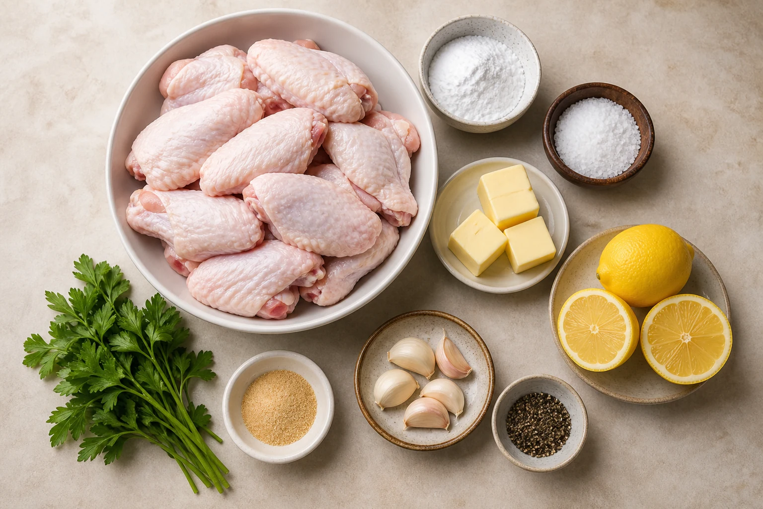 Split raw chicken wings, baking powder, kosher salt, butter, fresh lemons, black pepper, garlic, garlic powder and parsley measured neatly.