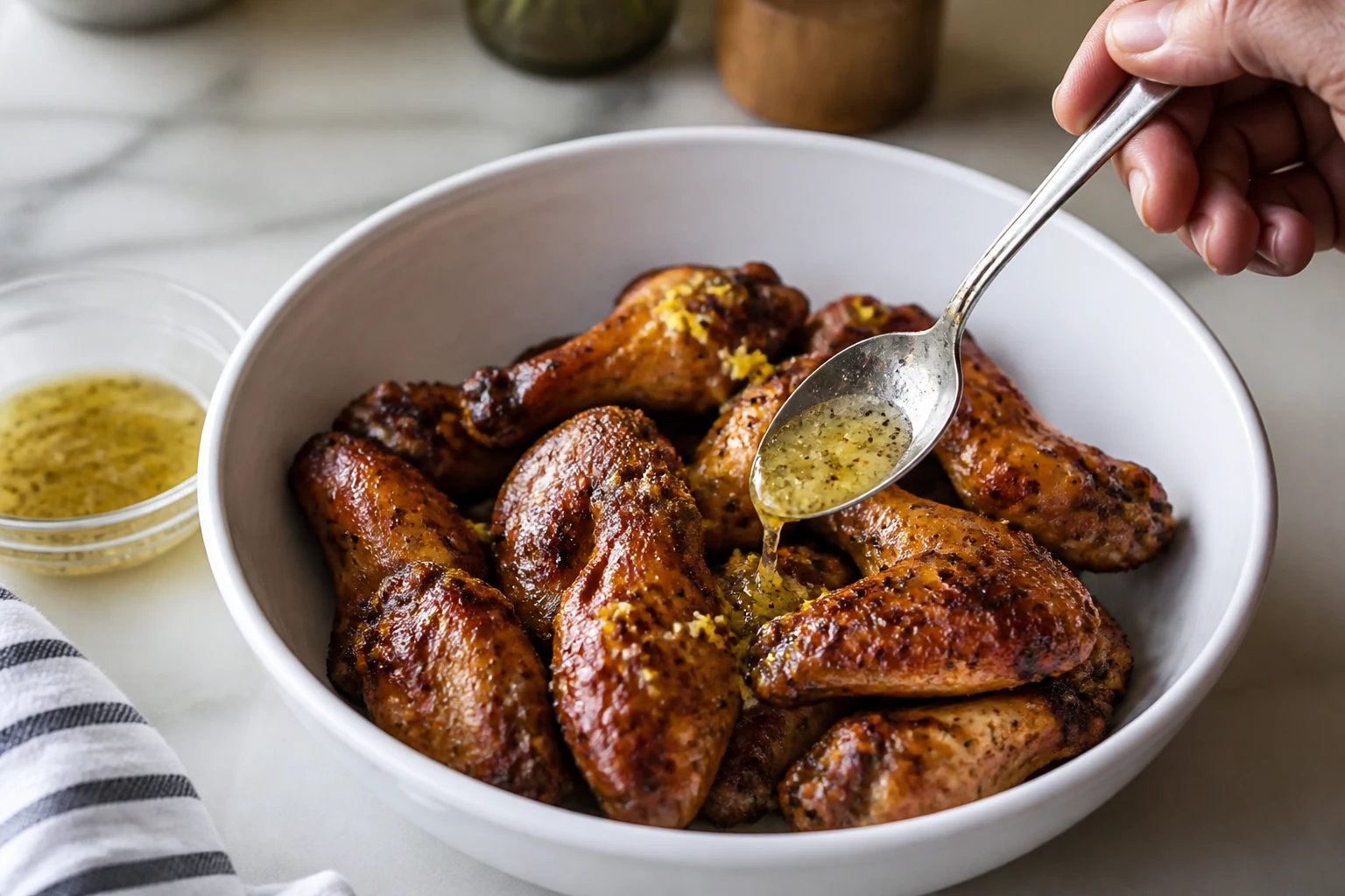 Deeply browned baked wings in a clean bowl receiving a restrained spoonful of lemon-zest pepper butter, crisp skin still visible.