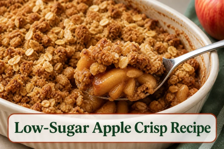 Golden oat-topped low-sugar apple crisp in a cream baking dish, spoonful showing tender cinnamon apples and crisp clumps.; title text reads Low-Sugar Apple Crisp Recipe
