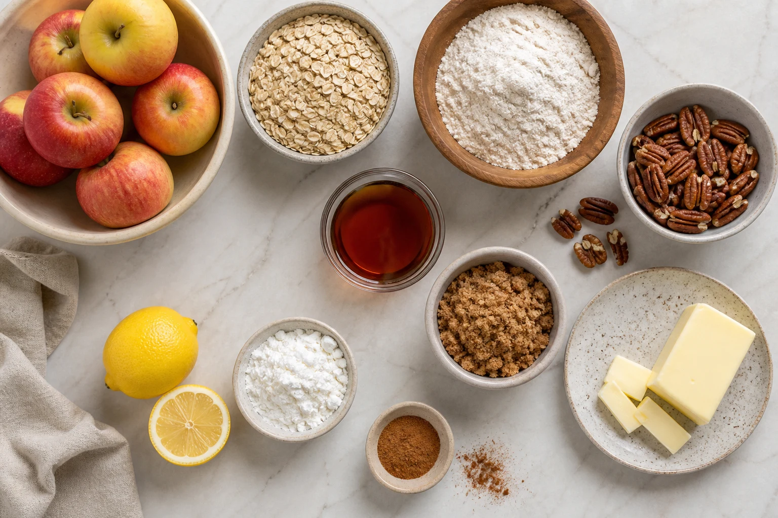 Apples, oats, whole-wheat flour, pecans, maple syrup, brown sugar, butter, lemon, cornstarch and cinnamon.