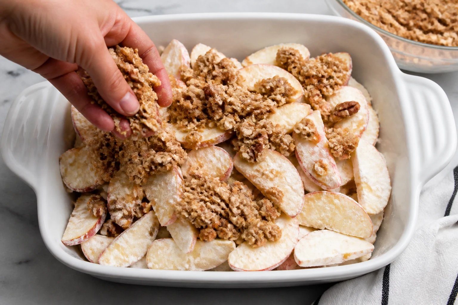 Clumpy oat-pecan topping being scattered loosely over cornstarch-coated apple slices in a baking dish.
