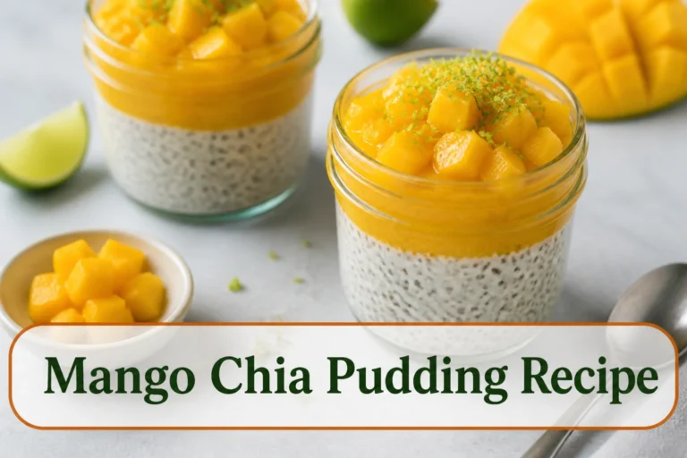 Layered mango chia pudding in clear jars with vivid golden mango puree over creamy white chia base and lime zest.; title text reads Mango Chia Pudding Recipe