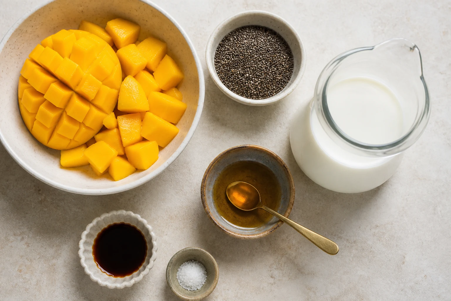 mango ingredients, chia seeds, milk, sweetener, vanilla and salt arranged in a clean flat-lay.