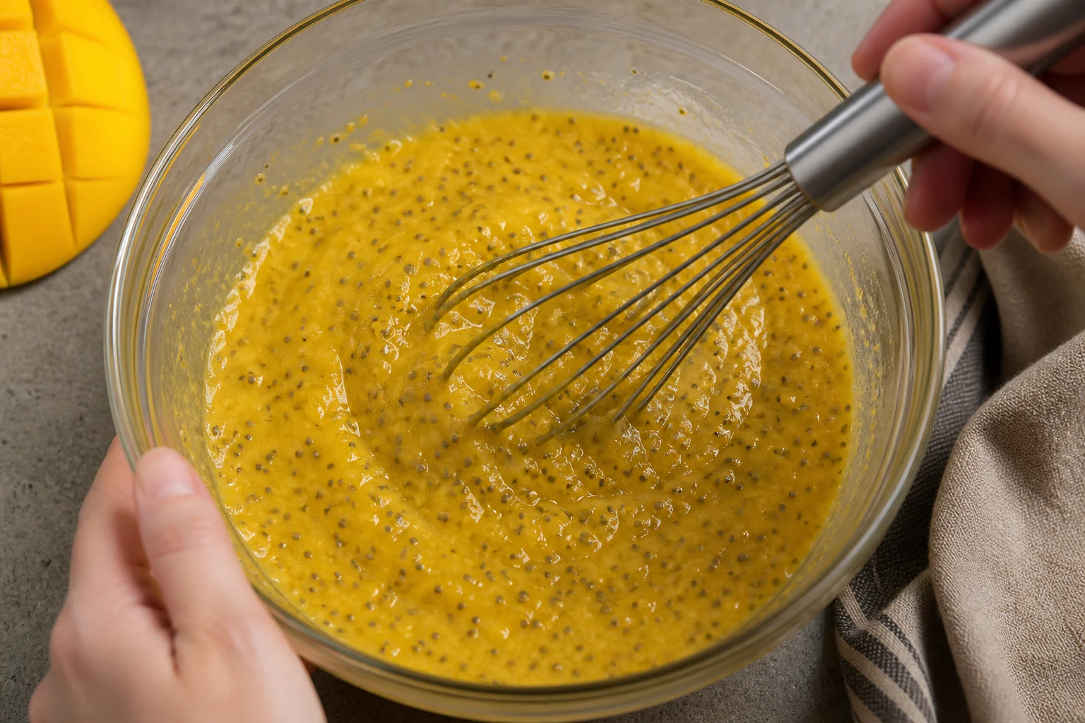 Hydrated mango chia pudding being whisked a second time, with evenly suspended seeds and no clumps.