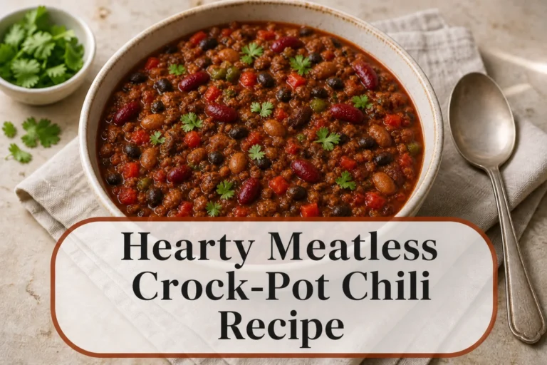 Three-bean vegetarian chili with title reading Hearty Meatless Crock-Pot Chili Recipe