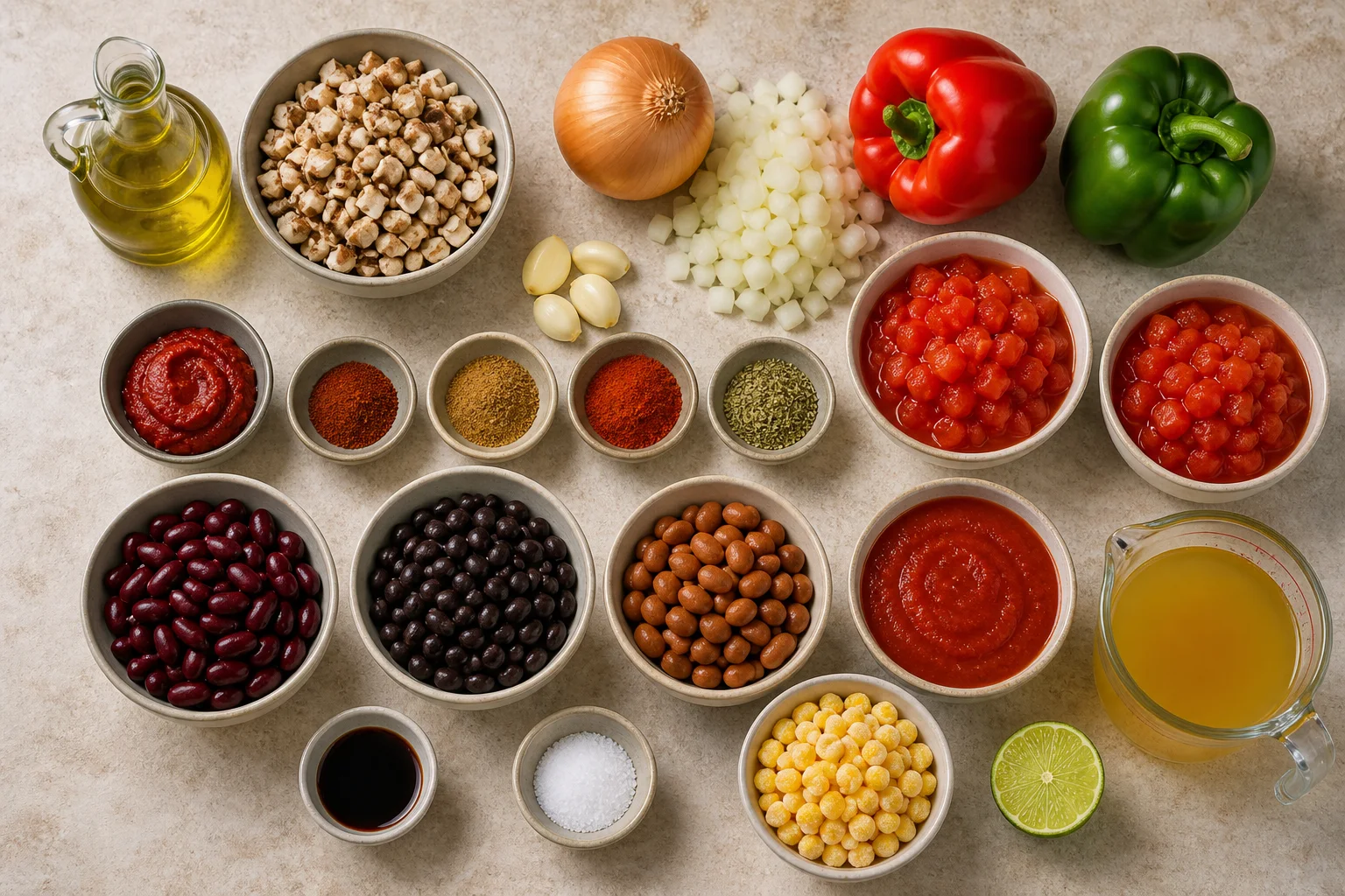 Beans, mushrooms, tomatoes, peppers, onion, corn, spices and broth for meatless chili